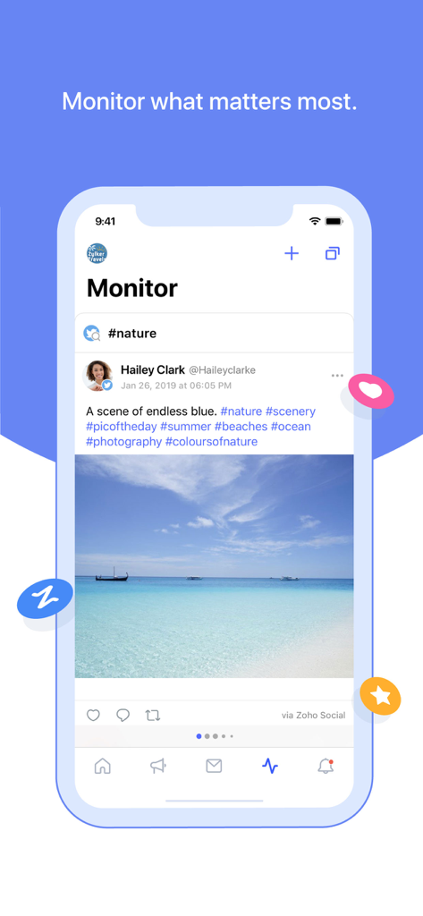 Zoho Social app screen showing real-time monitoring of nature hashtags and posts.