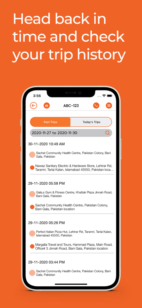 Falconi - Falconi mobile app screen displaying a chronological history of vehicle trips and street locations