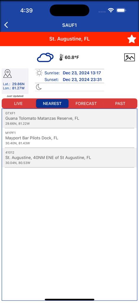 NOAA marine weather app showing the nearest stations list for St Augustine Florida
