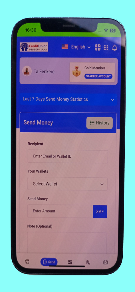 Credit Union Mobile App - Send money interface of the Credit Union mobile app with XAF currency