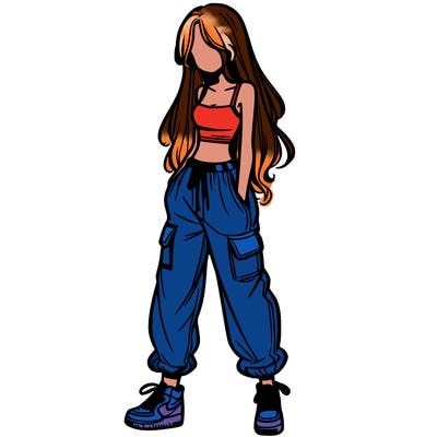 girl in baggy pants crop top and long hair