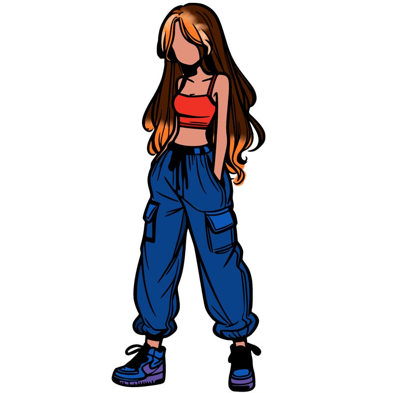 girl in baggy pants crop top and long hair