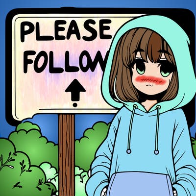 a sign that says please follow with a girl in a foggy hoody