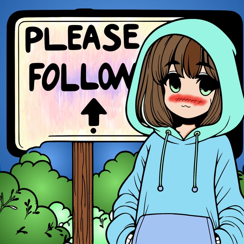 a sign that says please follow with a girl in a foggy hoody