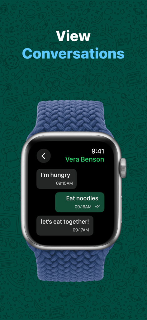 WatchsApp - Chat on Watch - Apple Watch mostrando una conversación de chat de WhatsApp con mensajes y opciones de respuesta rápida