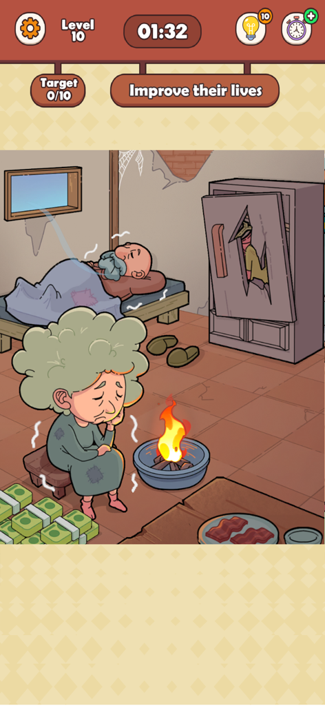 Help Them - Tricky Puzzle - Gameplay of Help Them Tricky Puzzle showing a level where players must help an elderly couple in a poor home environment
