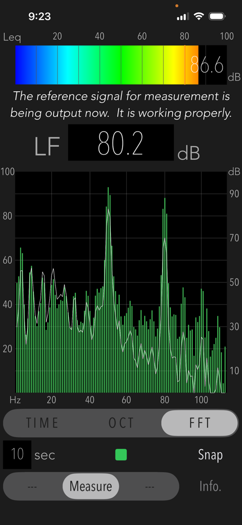 Low Frequency Detector - FFT analysis screen in Low Frequency Detector app showing a frequency response graph with decibel peaks for low frequency noise.
