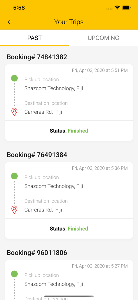 Interface of the FIJI CABS app showing a history of past completed taxi bookings in Fiji
