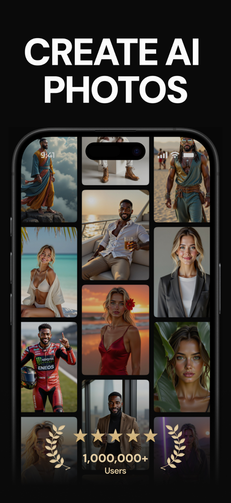 Uma grade de retratos profissionais e de estilo de vida gerados por IA de alta qualidade em uma tela de celular