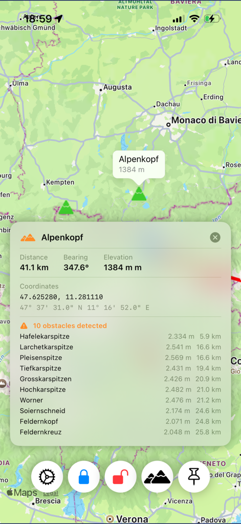 Direction explorer - Direction Explorerアプリの技術地図ビュー。山Alpenkopfまでの距離、方位、検出された障害物が表示されている。