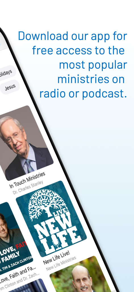 Smartphone displaying the OnePlace app interface with popular Christian radio and podcast ministries like In Touch Ministries and New Life Live