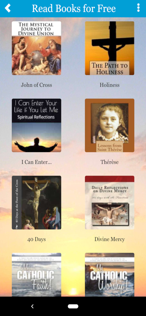 A library screen within the My Catholic Life app showcasing various free religious books and spiritual reflections.