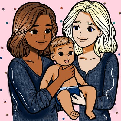 two realistic women holding one baby together