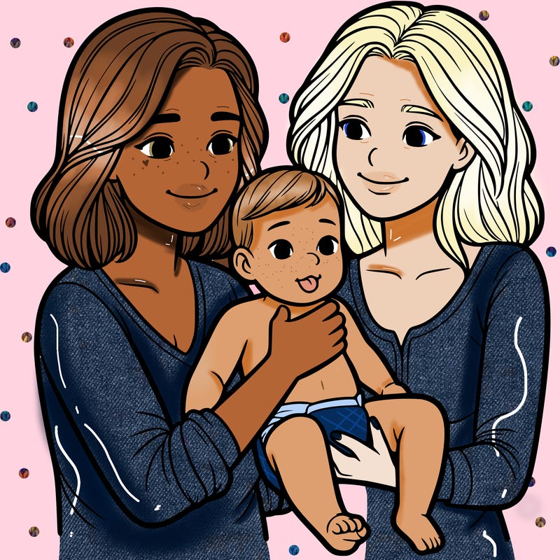 two realistic women holding one baby together