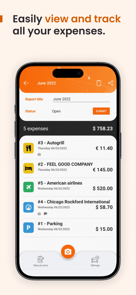 N2F - expense report & mileage - Mobile interface of N2F app showing a detailed expense report list