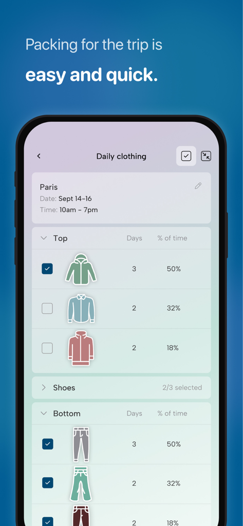 Weather: What to Wear - Une liste de colisage de voyage dans l'application Météo : Comment s'habiller montrant des suggestions de vêtements pour un voyage à Paris.