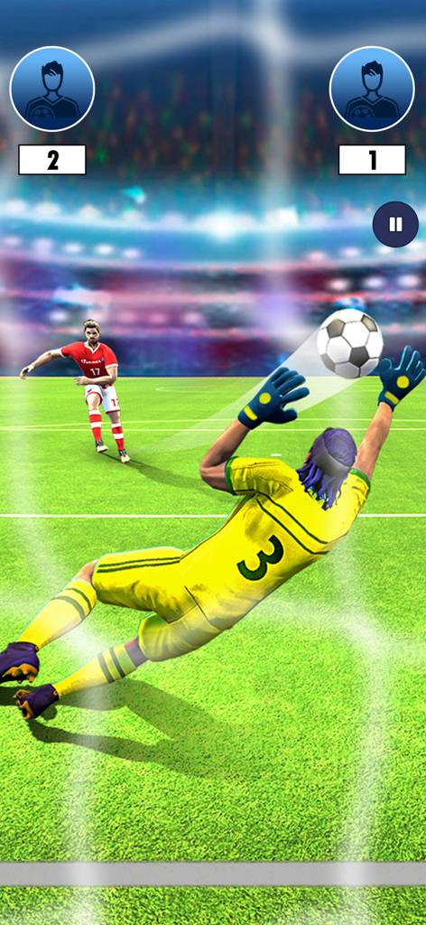 Penalty Kick: Football Games - Un gardien de but en maillot jaune plonge pour sauver un ballon de football dans un stade lors d'une séance de tirs au but.