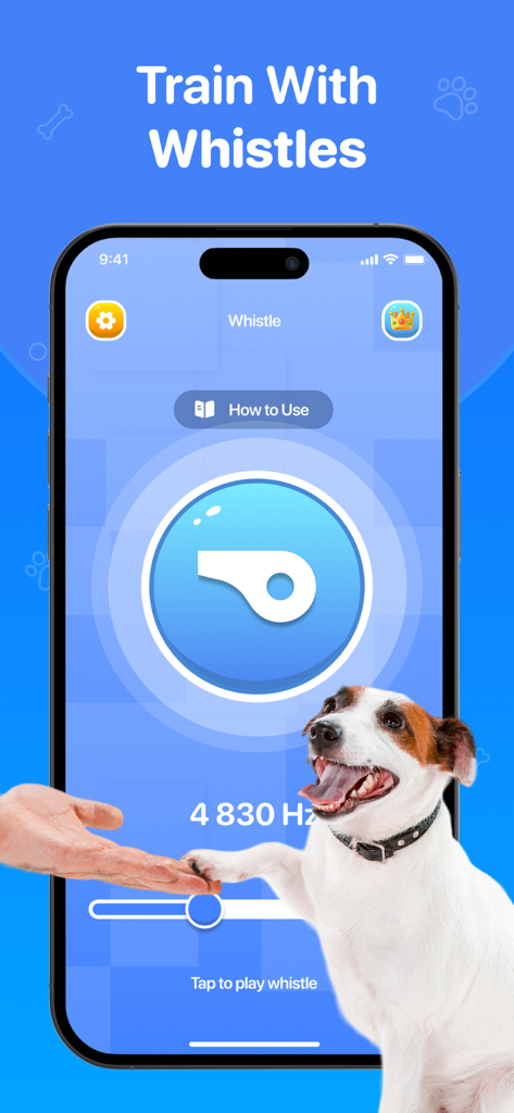 Dog & Human・Barking Games - A smartphone screen showing a dog whistle training interface with a frequency slider and a happy dog giving its paw.