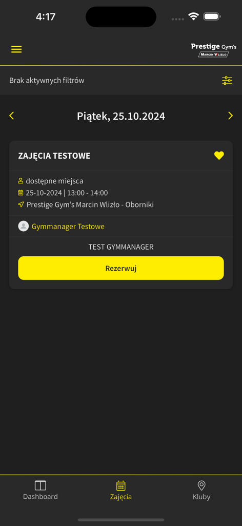 Prestige Gyms mobile app interface showing fitness class details and a booking button