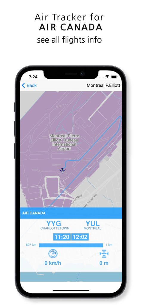 Air Canada flight tracker app interface showing an airplane on the map at Montreal International Airport with flight details and technical data