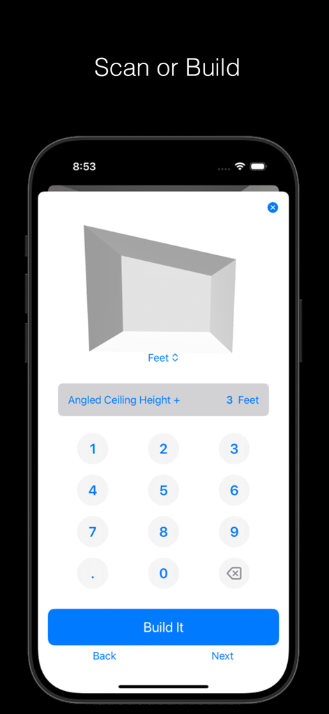 Room Genie 6D Design Simulator - Room Genie app interface showing spatial design tools for building a 3D room model with ceiling height measurements