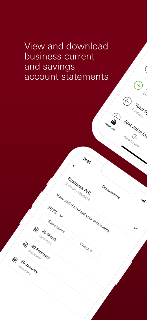 HSBC UK Business Banking - Una pantalla de teléfono móvil que muestra la interfaz de la aplicación HSBC UK Business Banking para ver y descargar extractos de cuenta mensuales.