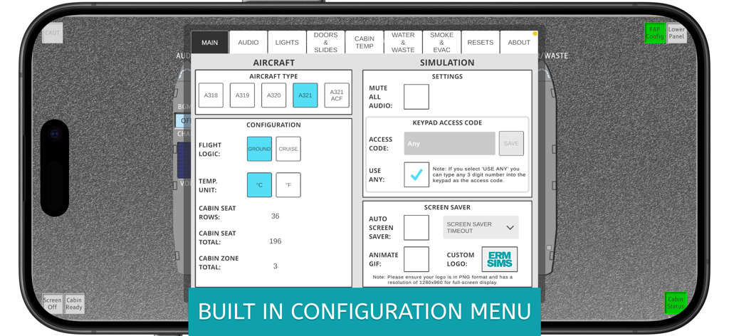 A320 FAP Simulator - Aplicación Simulador A320 FAP mostrando el menú de configuración incorporado con ajustes de aeronave y simulación en una pantalla móvil.
