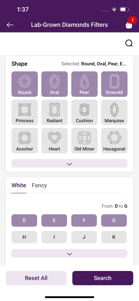 Interface of the Love2Love app showing search filters for lab-grown diamond shapes and color grades