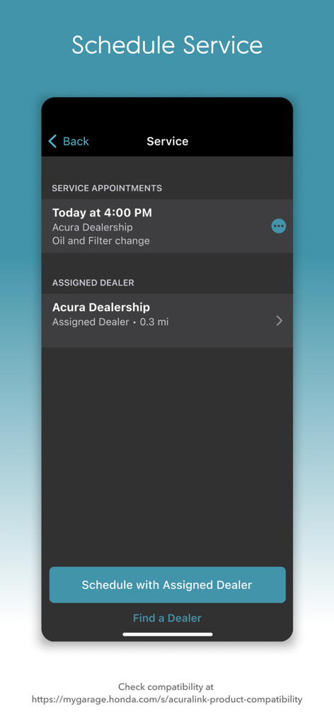 Schermata dell'app AcuraLink che mostra gli appuntamenti di servizio programmati e le informazioni del concessionario