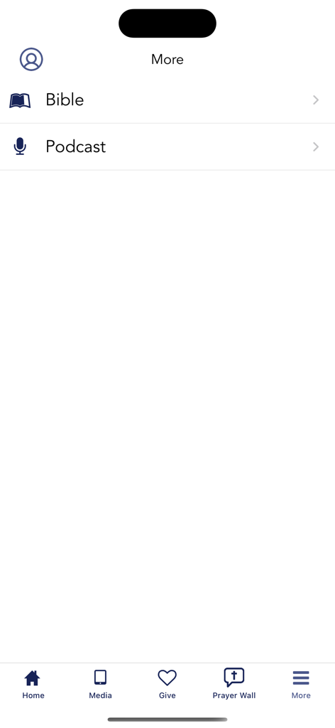 The COP eChurch app more menu screen showing options for Bible and Podcast with a bottom navigation bar.