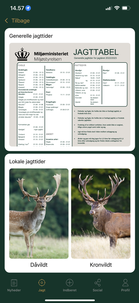Jäger - Jagt & Jæger værktøjer - Interfaz de la aplicación Jäger mostrando la tabla de temporadas generales de caza e información local de caza para gamos y ciervos rojos.