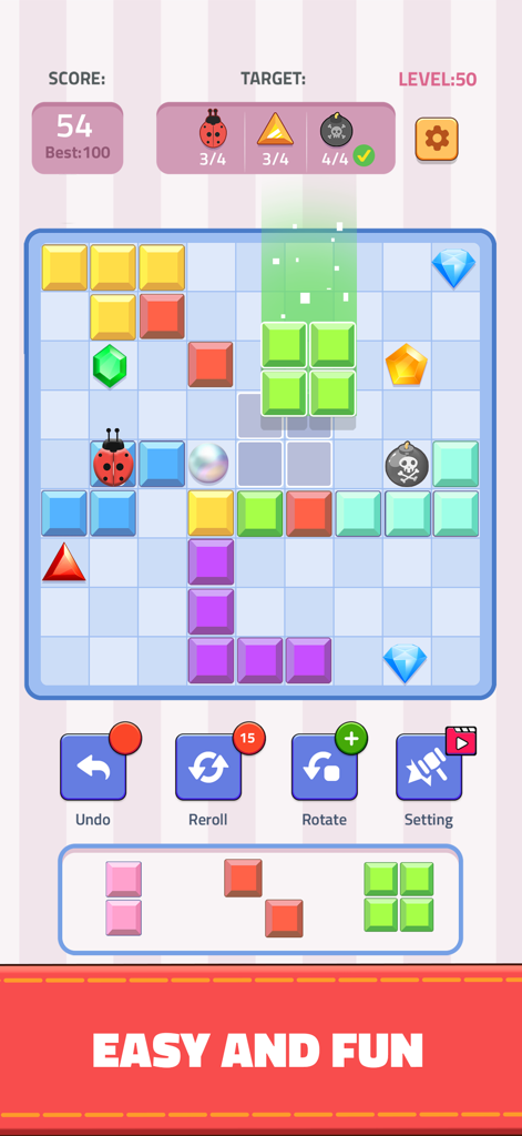Block Joy - Block Joy mobile puzzle game showing a nine by nine grid with gem blocks and special targets