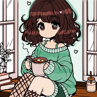 cute anime girl reading book and drinking hot chocolate from mug with loose wavy hair wearing a baggy sweatshirt and shorts sitting by windowsill looking out