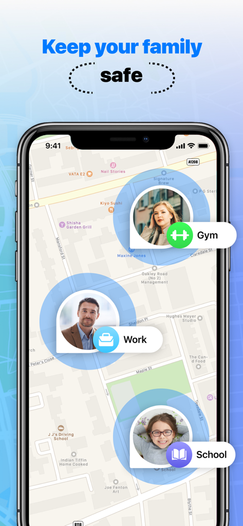 RealLoc: Find Friends & Family - 職場、学校、ジムにいる家族のリアルタイムの位置を示すRealLocモバイルアプリのインターフェース