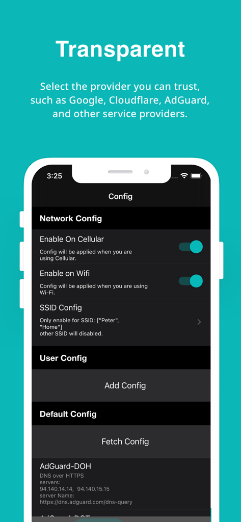 Schermata di configurazione di rete di DNS Security Pro per le impostazioni cellulare e Wi-Fi.