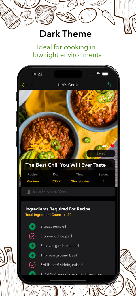 Weight Loss Recipe Book - Weight Loss Recipe Book app interface showing a chili recipe in dark theme with ingredients list and nutritional information