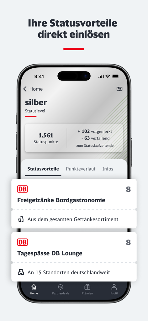 BahnBonus app interface showing silver status level points and benefits like lounge passes and free drinks