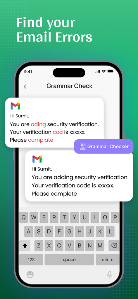 Una interfaz de aplicación móvil corrigiendo errores de ortografía y gramática en un correo electrónico.