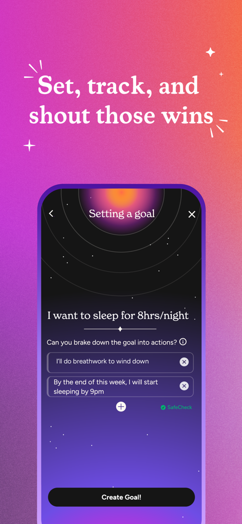 Soluna: Mental Health Care - Interface of the Soluna app showing a goal setting screen with a sleep target and actionable steps.