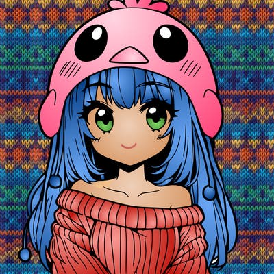 anime girl with chick shaped hat with sweater with bare shoulders with bangs covering them one eye with low tail