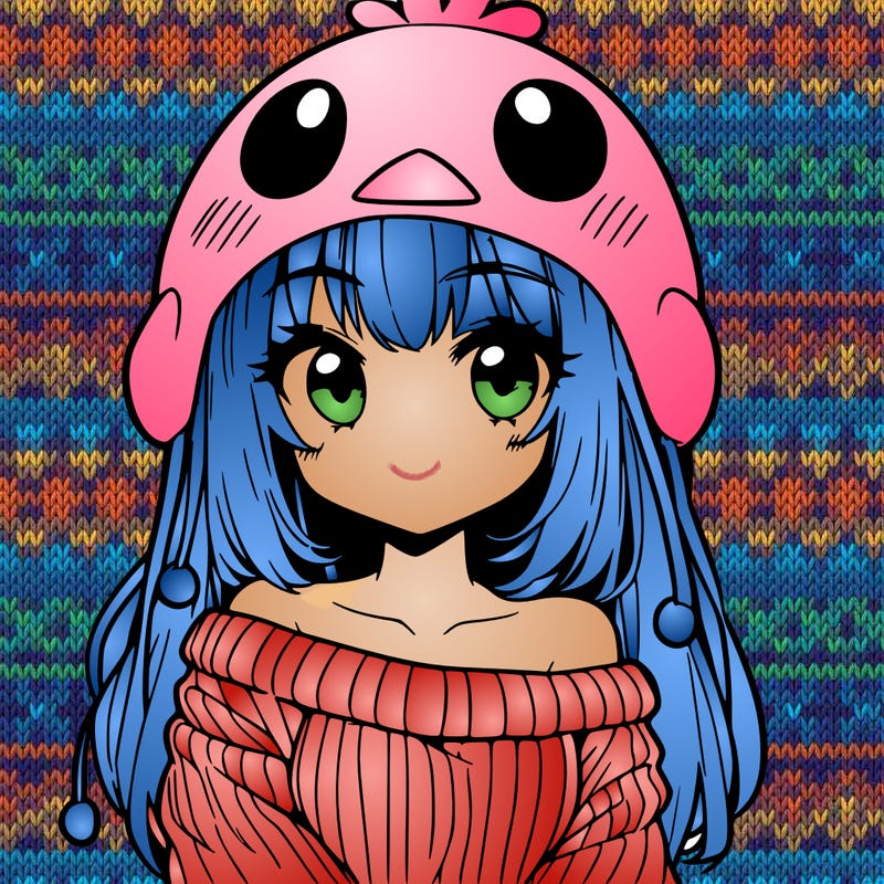 anime girl with chick shaped hat with sweater with bare shoulders with bangs covering them one eye with low tail