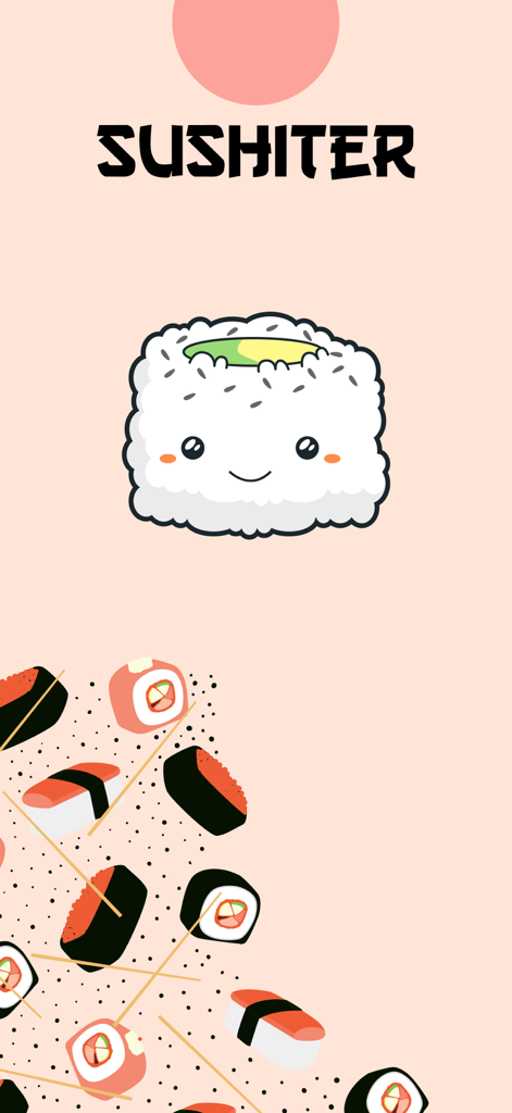 Sushiter: Sushi Count - 寿司カウンターアプリのスプラッシュスクリーン。かわいい寿司キャラクターと様々なお寿司のイラストが特徴です。