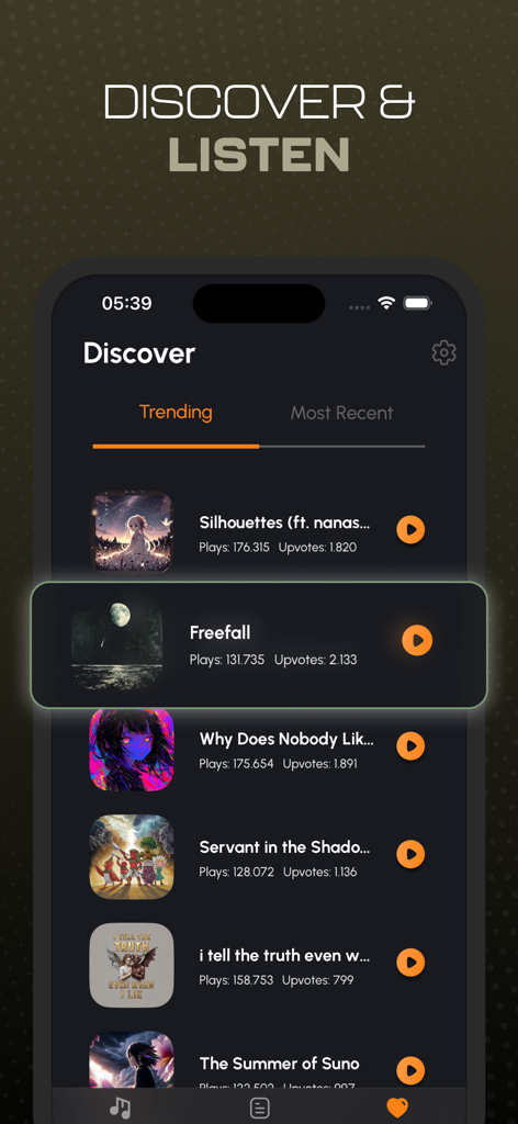 A list of trending AI generated songs on the Discover screen of the AI Music Generator app.