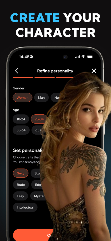 Mobile app interface showing options to customize an AI character gender age and personality traits like sexy and mysterious