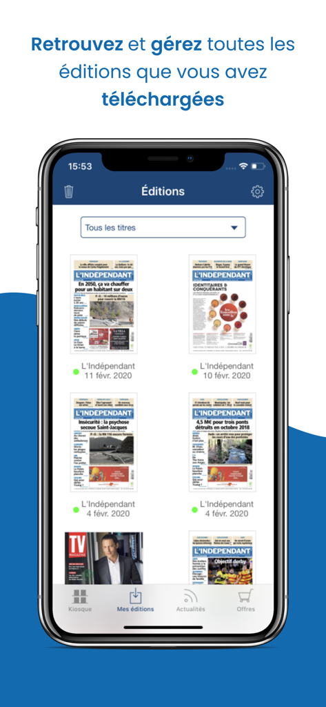 L'Indépendant Le Journal - ダウンロードされた新聞版のライブラリが表示されたLindependantアプリのスマートフォンディスプレイ。