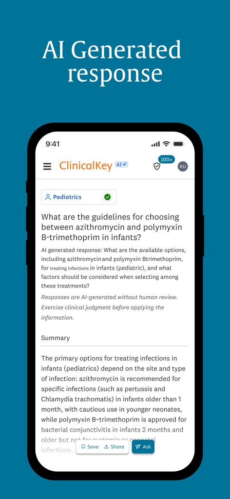 ClinicalKey AI - ClinicalKey AI mobile app interface showing an AI-generated response to a clinical query regarding pediatric guidelines.
