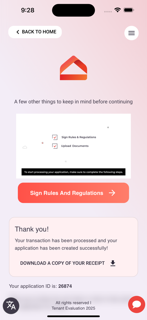 영수증 다운로드 및 규칙 서명 옵션과 함께 성공적인 임대 신청 확인을 보여주는 TenantEv 앱 화면
