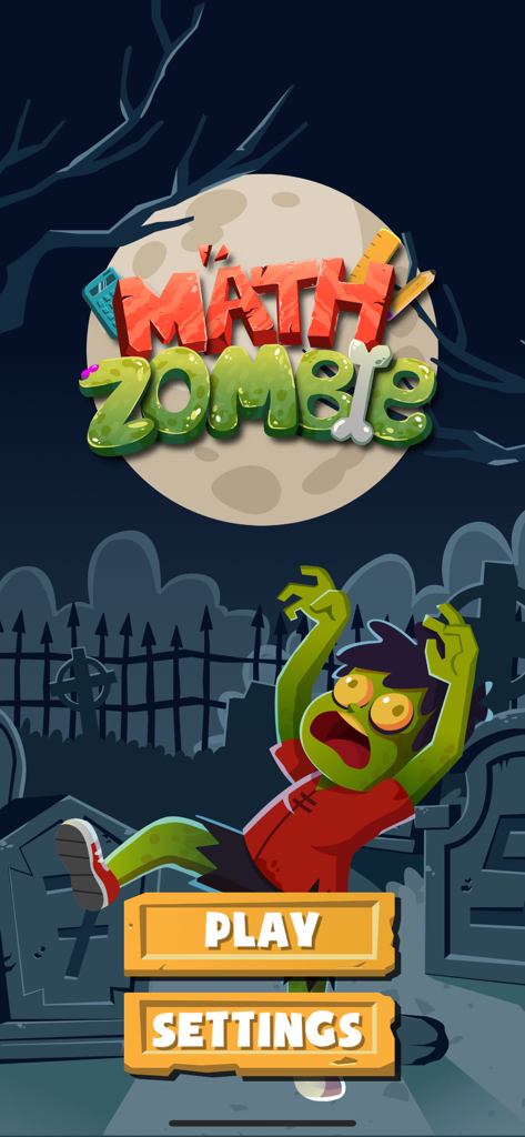 The Math Zombie - Main menu of The Math Zombie game showing a cartoon zombie in a graveyard with Play and Settings buttons.