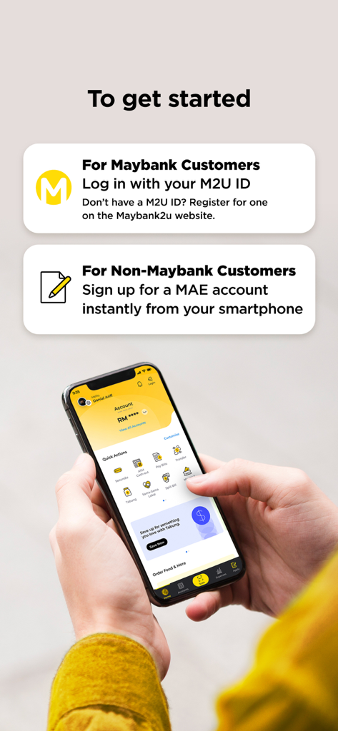 MAE by Maybank2u onboarding screen showing login options for existing customers and instant sign up for new users