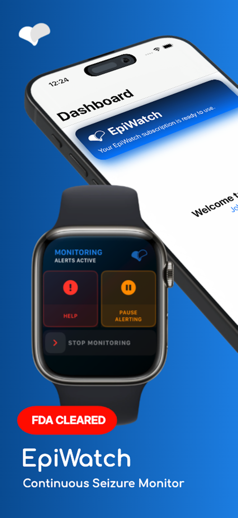 EpiWatch - Seizure Monitor - EpiWatch seizure monitoring app displayed on an iPhone and Apple Watch with emergency help button